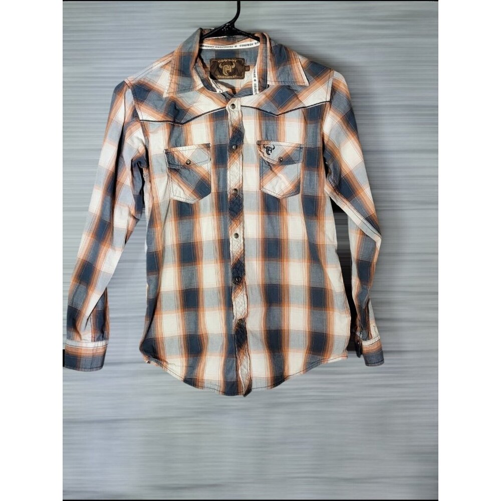 Cowboy Hardware Western Shirt Boys Size L Pearl Snap Plaid Long Sleeve Cotton